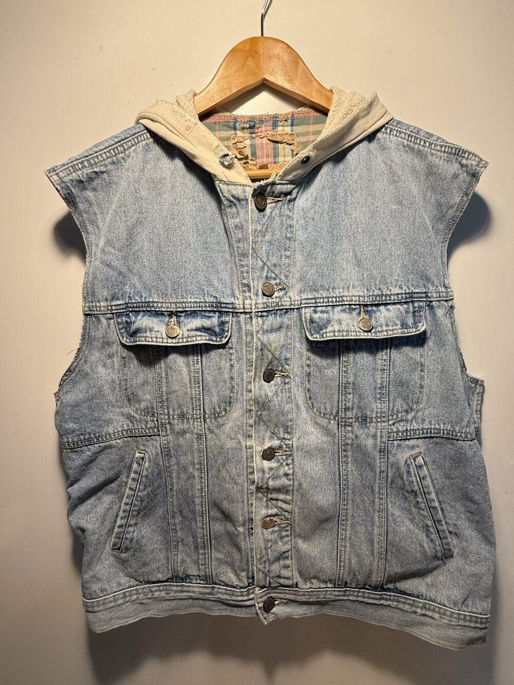 Vintage Todays News Denim Vest Jacket Unisex Large Hooded Jean Sleeveless Jean